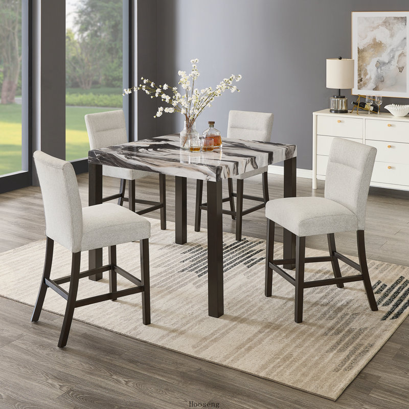 Table de salle à manger à hauteur de comptoir moderne en faux marbre avec 4 tabourets
