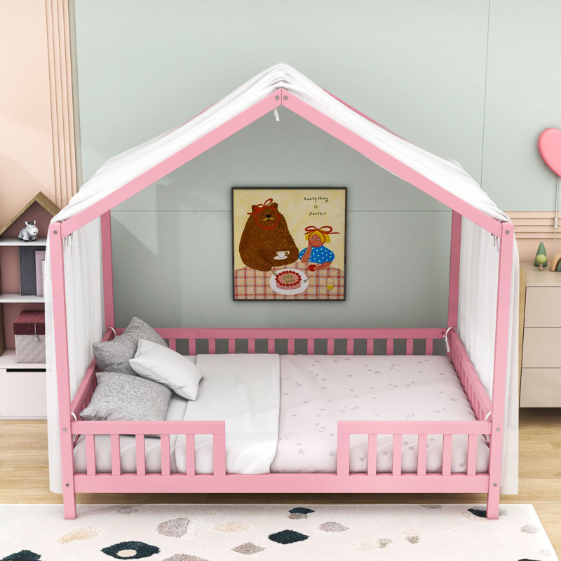 Lit plateforme en bois avec rampes Montessori, Complète, Rose