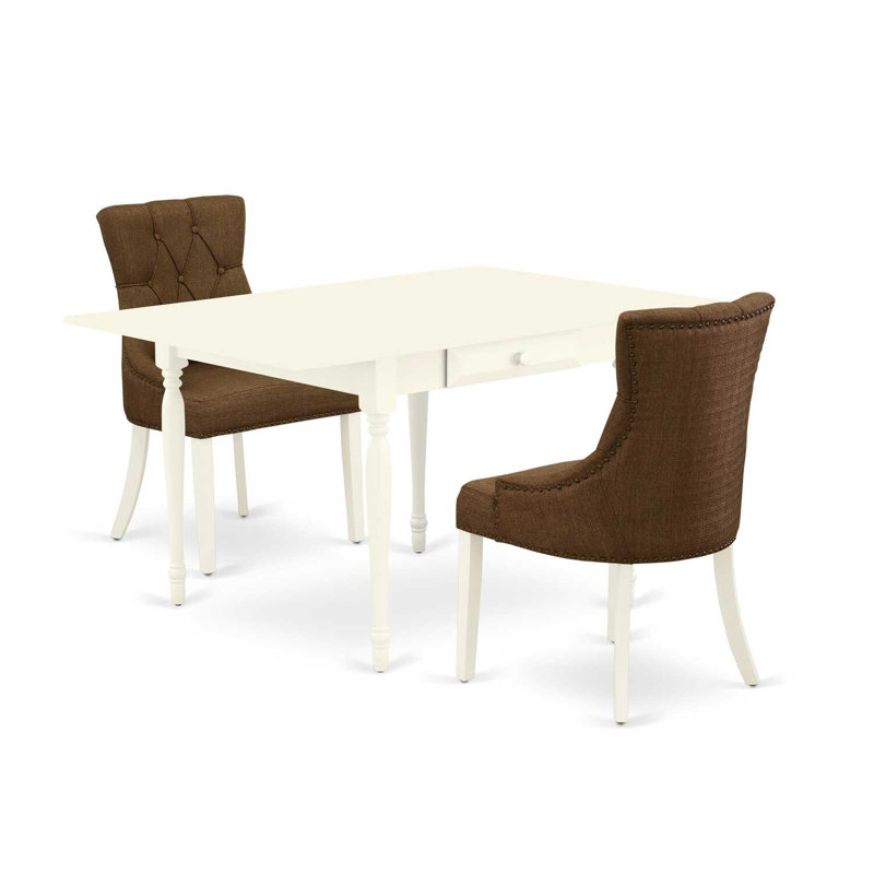 3 Piece Dining Table Set Contains a Rectangle Dining Room Table with Dropleaf and 2 Brown Linen Fabric Parsons Chairs, Linen White