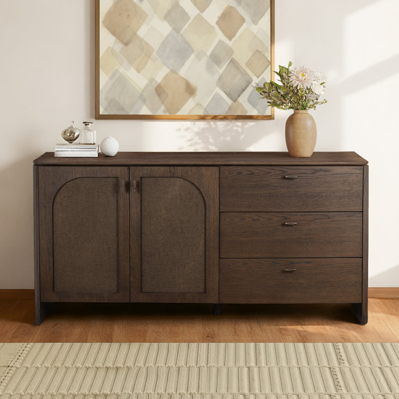 Brayden 63" Modern Brown Painted Oak Sideboard with Paneled Double Doors, 3 Drawers & Adjustable Storage