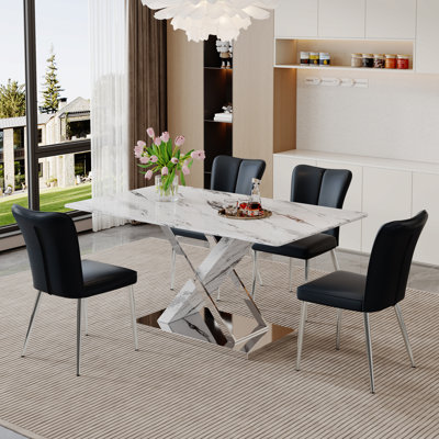 Modern 63" Rectangular Faux Marble Dining Set with Faux Leather Chairs