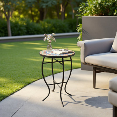 Outdoor Round Side Table with Mosaic-Style Top and Curved Iron Legs,Modern Sturdy structure
