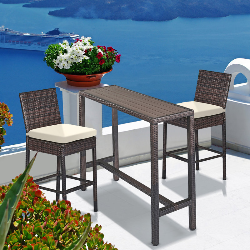 Ensemble de bar d'extérieur pour patio 3 pièces Ensemble de table de bar et chaises d'extérieur Ensemble de 2 tabourets de bar en osier à hauteur de bar toutes saisons