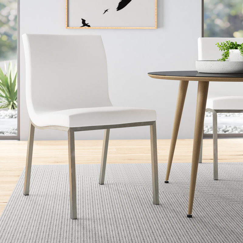 Folkston Upholstered Parsons Chair, White Faux Leather, Silver