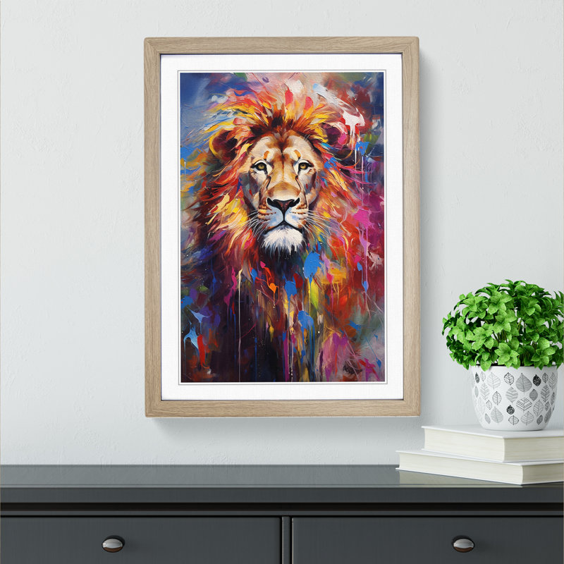 Lion Impressionism No.2 - Single Picture Frame Print on Wood, Oak Framed, 46cm H x 34cm W x 2cm D