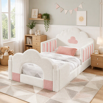 Lit nuage avec barrière de sécurité, cadre en bois massif et tissu bouclé doux pour des chambres confortables