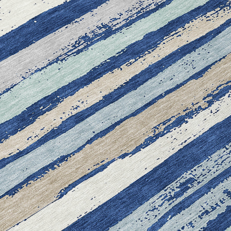 Navy and Beige Striped Synthetic 8' x 10' Washable Rug