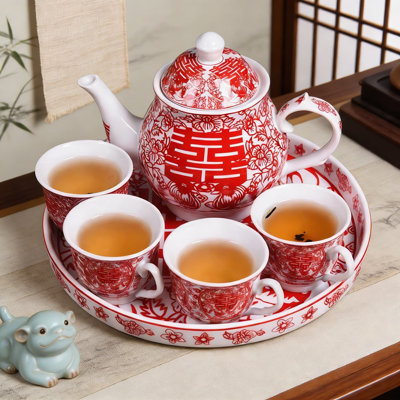 Double Happiness Chinese Wedding Tea Set - 16Oz Porcelain Teapot With 4 Cups & Tray, Handmade Ceramic Tea Ceremony Set For Home Decor, Parties, And Traditional Celebrations