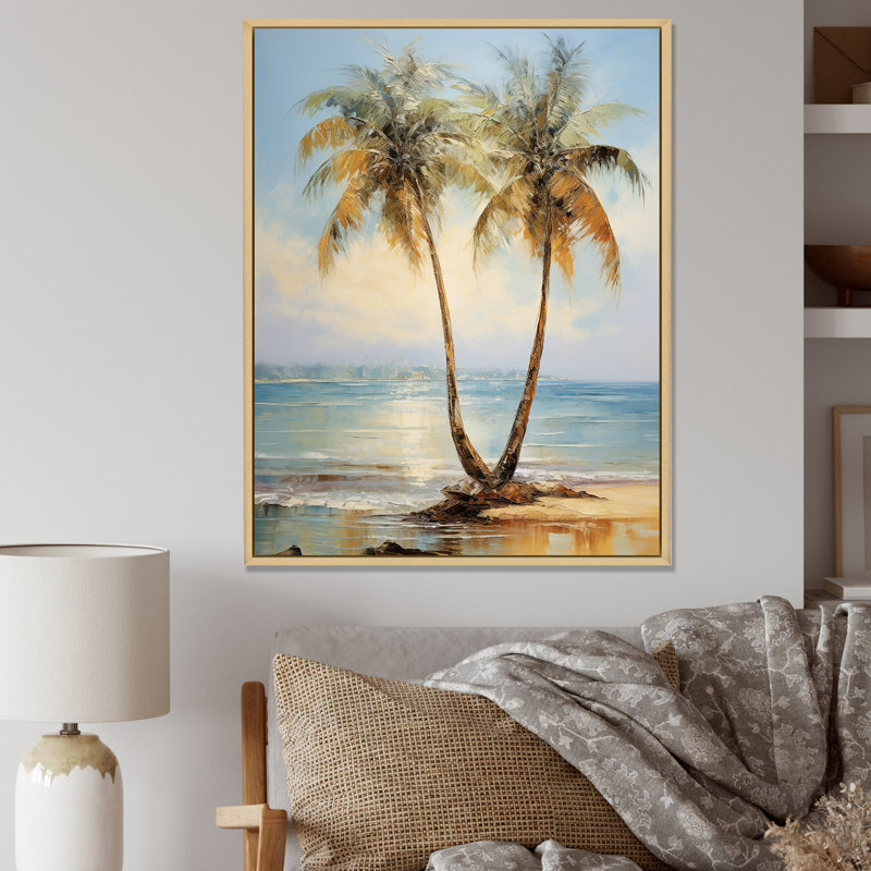 «Bronze Beach Sunny Palms Embrace», reproduction sur toile, Cadre naturel flottant, H 20 po x l 12 po x P 1 po