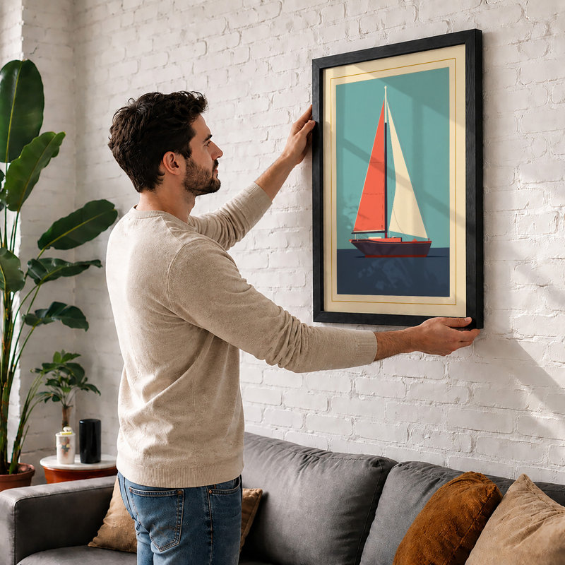 Sailboat At Calm Waters Coastal - Print, Oak, A3 - 42.0 x 29.7 cm