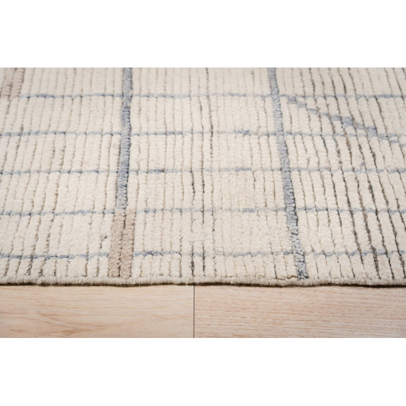 5x9 Ivory Hand-Knotted Wool Linear Gridwork Modern Geometric Contemporary Carpet Rug