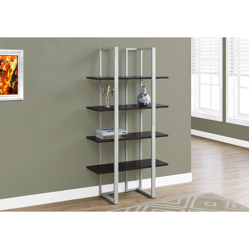 Bibliothèque, bibliothèque, étagère, 4 niveaux, H 60 po, bureau, chambre à coucher, stratifié brun, métal noir, contemporain, moderne