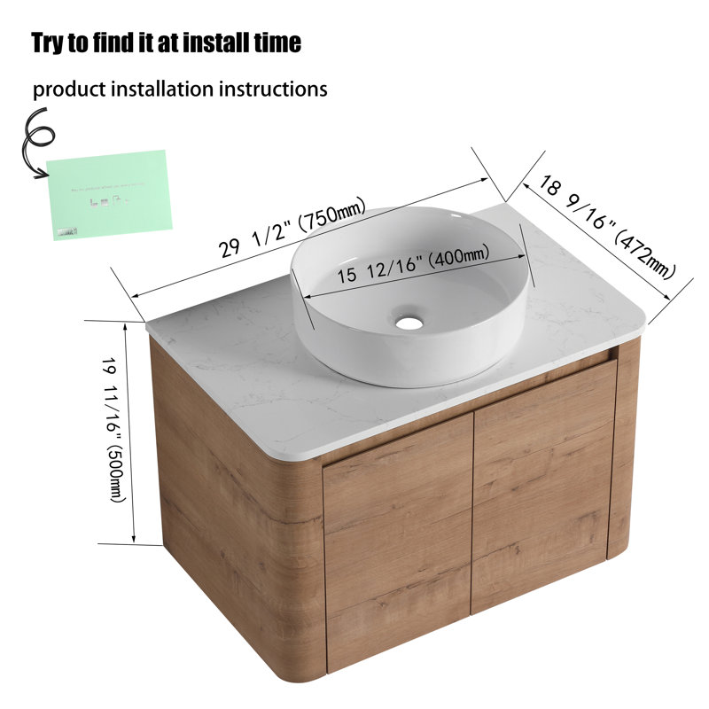 Meuble-lavabo flottant mural 30 po avec comptoir en quartz