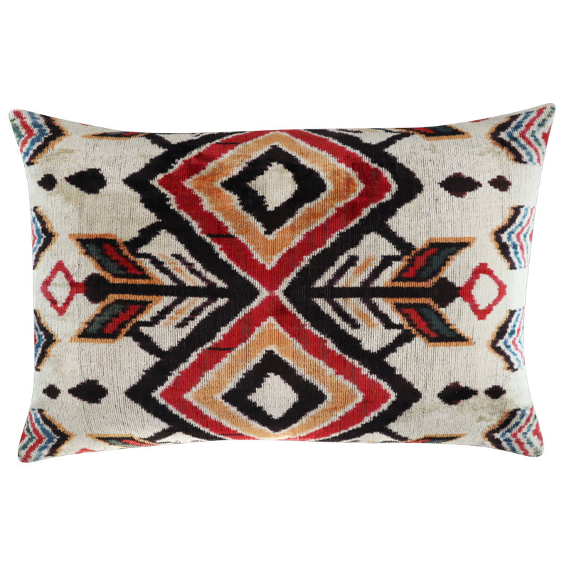 Velvet Lumbar Pillow Cover & Insert, Red/Orange/Beige Geometric 1