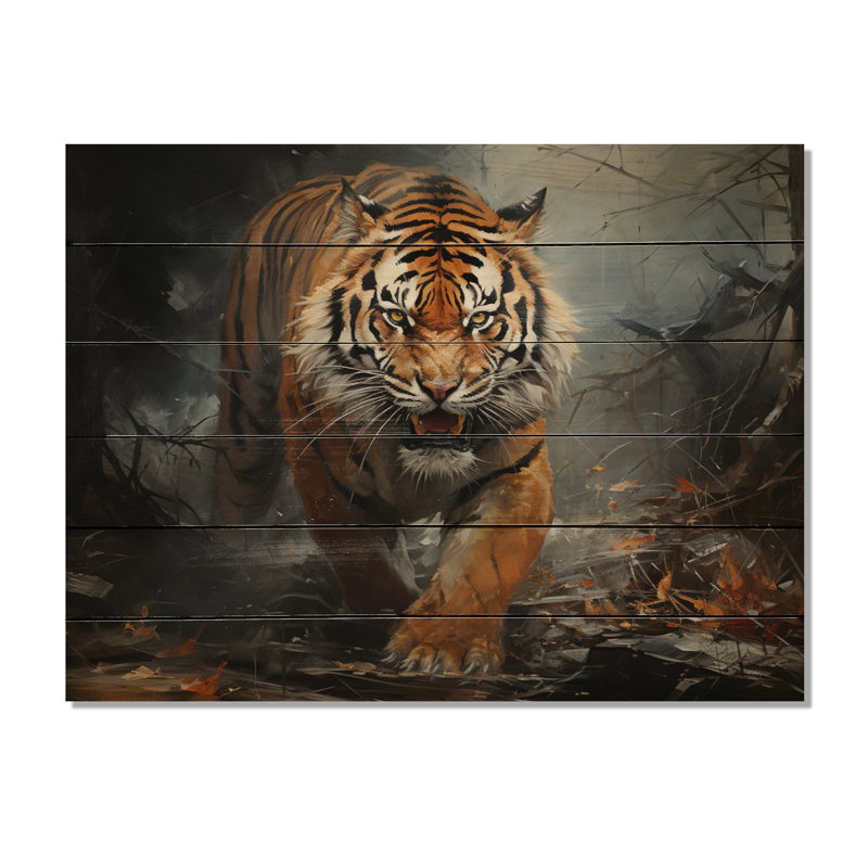 Portrait de tigre féroce brun III sur bois, H 24 po x l 32 po x P 0,78 po