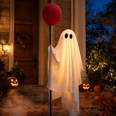 Décorations d'Halloween extérieures : fantôme grandeur nature de 1,80 m avec ballon rouge, accessoire de jardin pour pelouse, jardin, porche, maison hantée et fêtes.