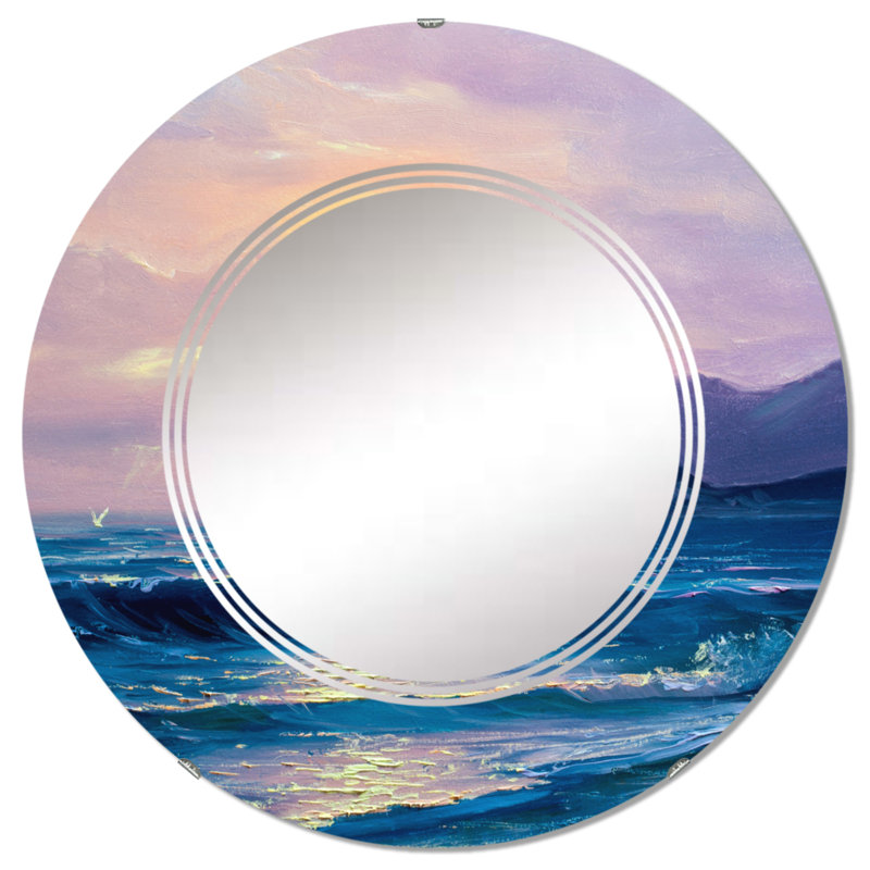 Coucher de soleil au-dessus de l'océan bleu foncé - miroir mural nautique et côtier rond, 32 po x 32 po