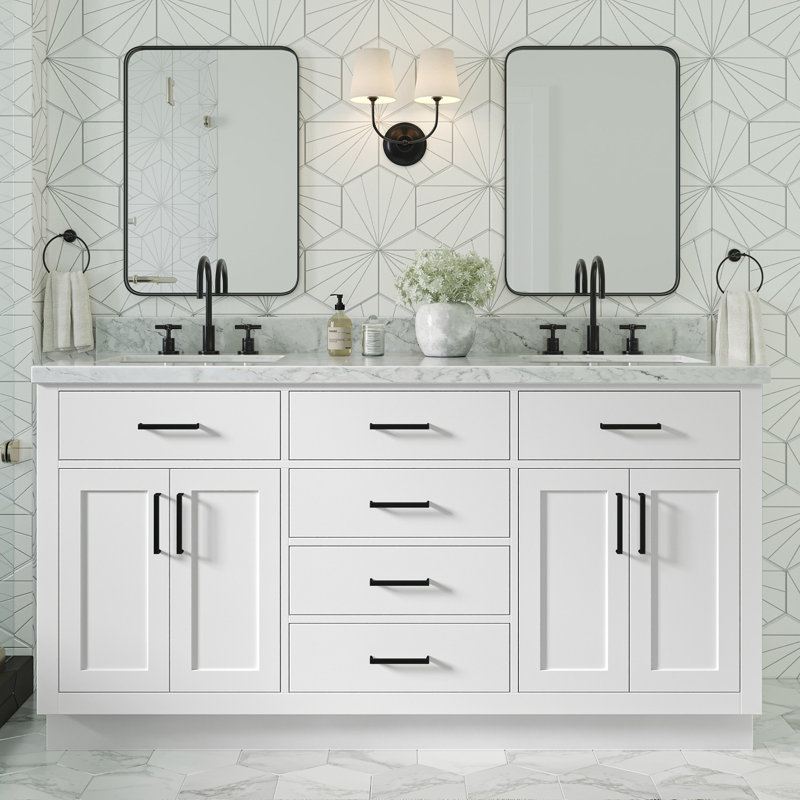 Thornaby 66'' Solid Wood Double Bathroom Vanity with 1.5'' Carrara Marble Top, Rectangular, White / Matte Black