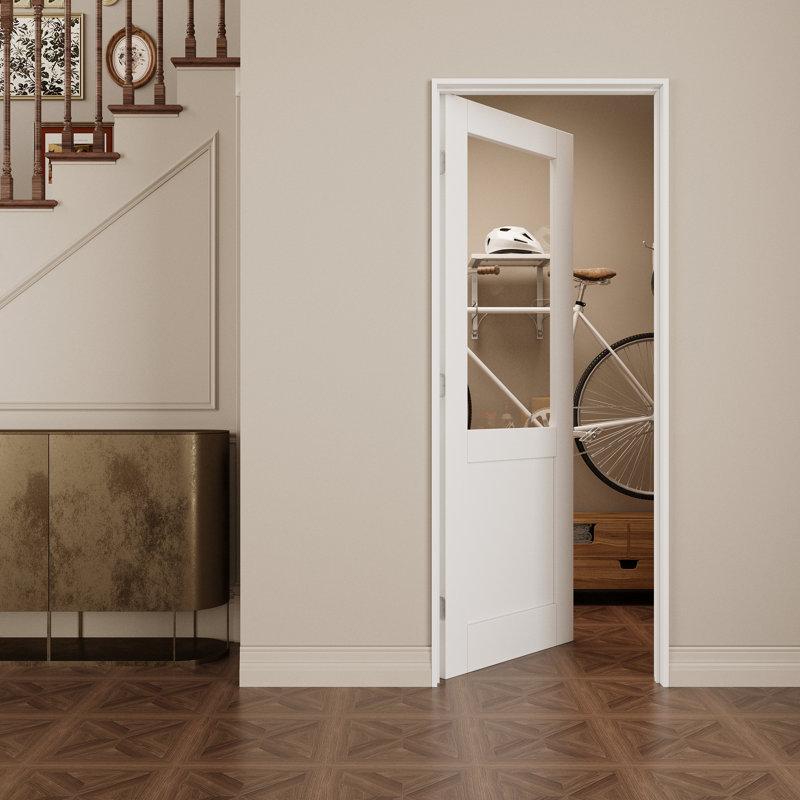 Porte intérieure semi-vitrée en verre clair, porte prémontée en MDF CARB P2 avec verre trempé certifié SGCC, avec ensemble de chambranle, joint d'étanchéité, charnières argentées et ouverture vers l'intérieur à gauche, préfinie et facile à teindre soi-même, garde-manger, chambre, salle de bain et placard, 61 cm x 203 cm