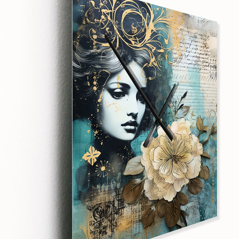 Horloge murale rétro «Blossoming Flowers On Teal», Très grand