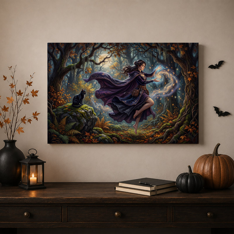 Sorcière en robe violette lançant des sorts au clair de lune pour l'Halloween - Toile murale, 16"H x 24"W