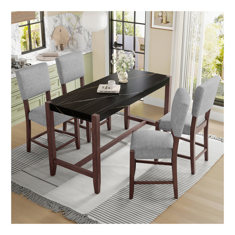 Ensemble de table de salle à manger 5 pièces à hauteur de comptoir, table de bar en faux marbre et 4 chaises rembourrées, ensemble de salle à manger de style Mid-Century moderne pour la salle à manger, la cuisine de pub, la petite place