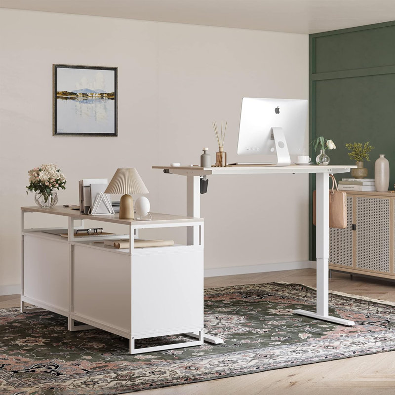 66.1" Height Adjustable L-Shaped Standing Desk with Storage Cabinet, White