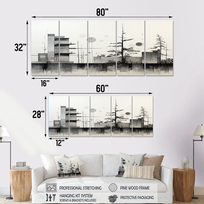 Ensemble de 5 décorations murales en mosaïque gris et gris Greometric, H 28 po x l 60 po