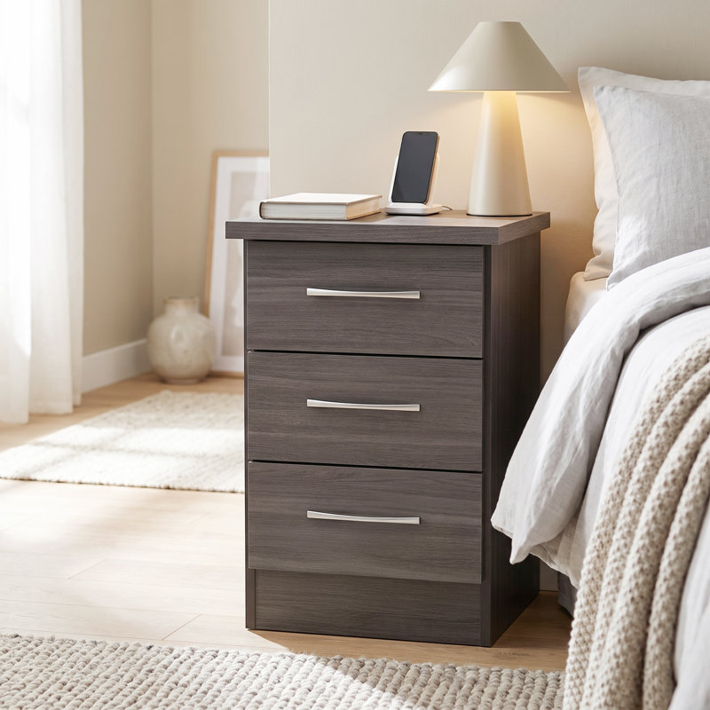 Cascio 3 Drawer Bedside Table, Black Wood Grain