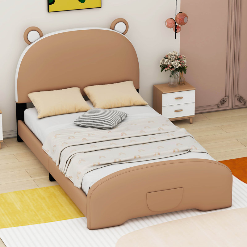 Lit tapissier Adekemi avec tête et pied de lit en forme d'ours, lit plateforme, lits, cadre de lit, Brun