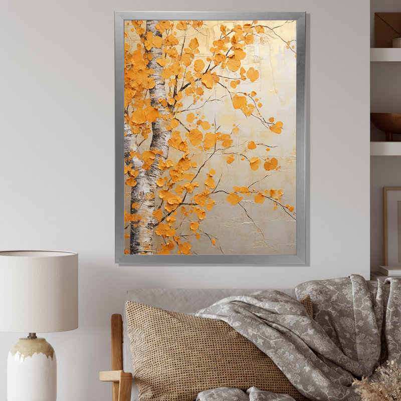 «Yellow American Basswood Forest II», art mural arbre, Cadre simple argenté, H 32 po x l 24 po x P 1 po