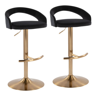 Tabouret de bar réglable en métal doré et velours noir avec repose-pieds arrondi en T - ensemble de 2