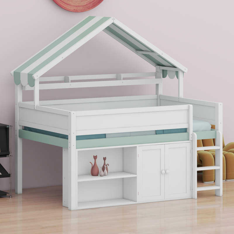 Lit mezzanine moderne avec toit à baldaquin et armoire de rangement intégrée, Blanc et vert