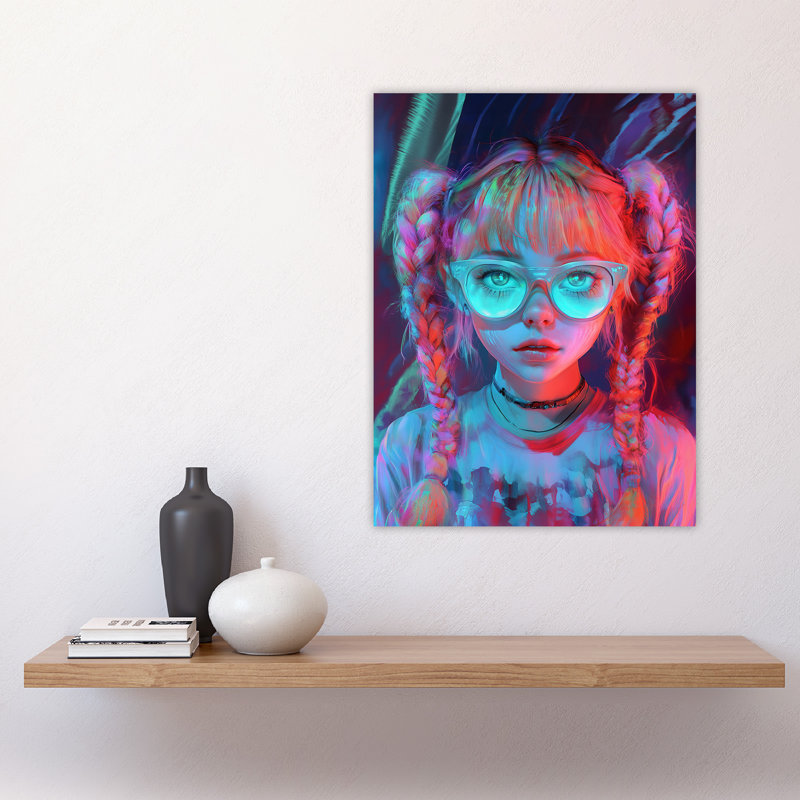 Nerdy Girl Braid Pigtails Glasses Neon Pink Wall Art Print
