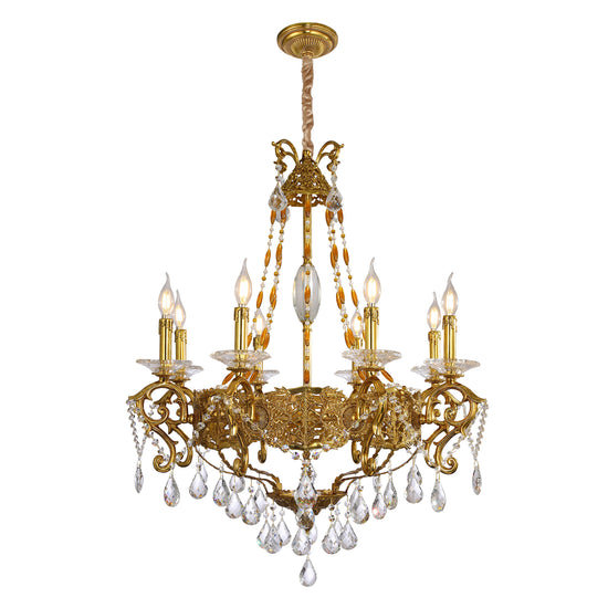 Élégant lustre à huit bras avec des prismes de cristal en laiton décorations florales pour la décoration de la maison et de l'espace de vie