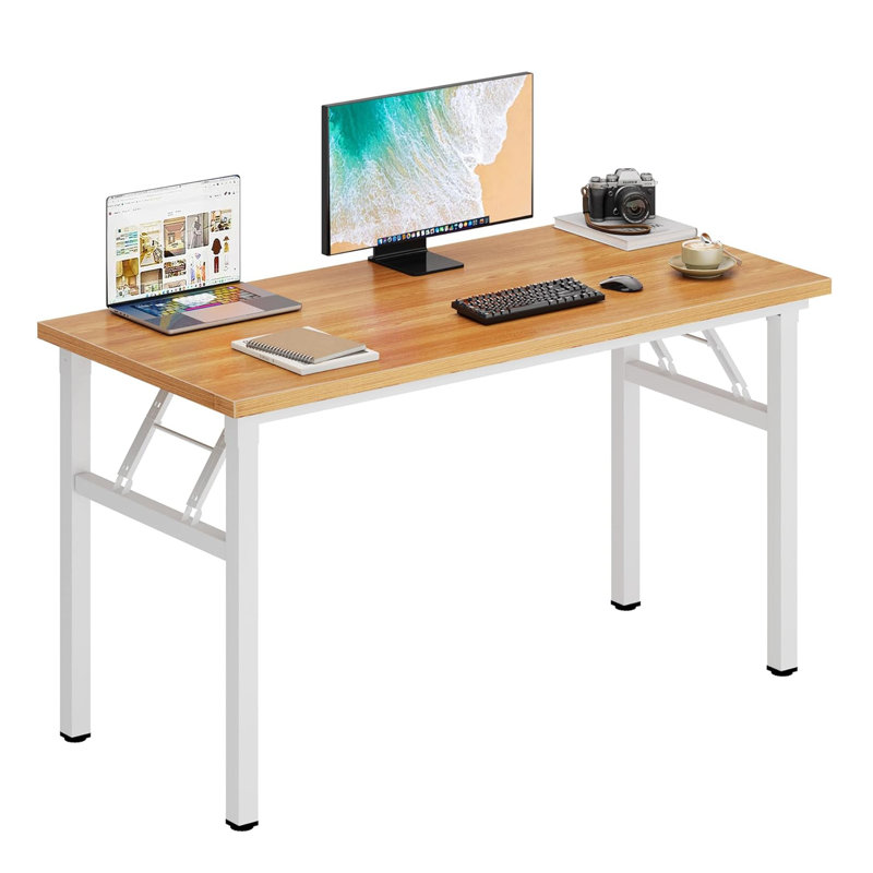 Folding Table Computer Desk Workstation Table Conference Table Home Office Desk, Teak + White