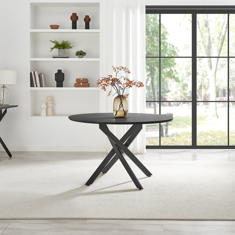 Hadlow Veneer & Metal Round Dining Table With Eubanks Fabric Chairs - Modern Statement Design, Dark Grey, 6