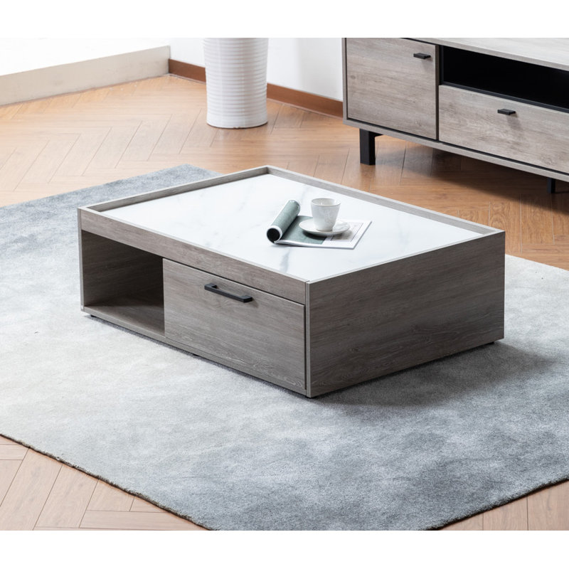 Table basse en faux marbre avec tiroir de rangement, blanc et gris