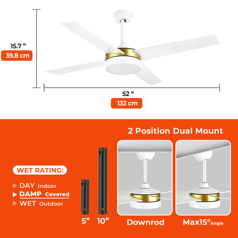 Basilio 52" Large Indoor Ceiling Fan with LED Lights and 4 Blades, Blanc