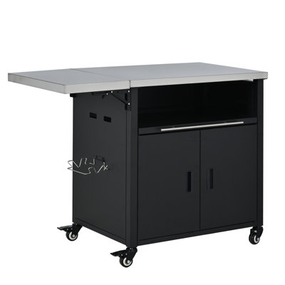 Foldable Outdoor Prep Station BBQ Cart Patio Dining Cart Foldable Outdoor Kitchen Island Grill Cart With Trash Rack, Foldable Top And Storage Space For Backyard, Patio, Black