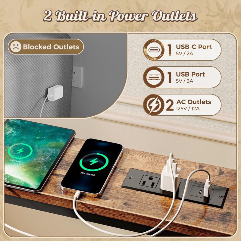 Narrow Sofa Table with 2 Power Outlets 86.6-110.2 Inch Adjustable Length Behind The Couch Table with USB-C Port Anti-tip Kit Rustic Brown