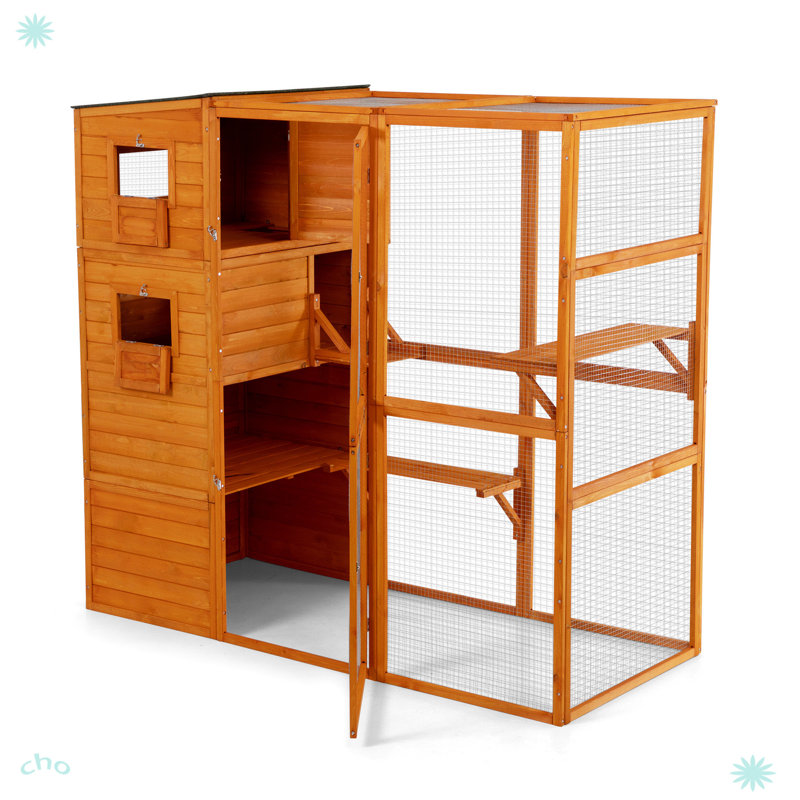 Grande enceinte pour chat en bois avec toit et plateformes imperméables, Orange