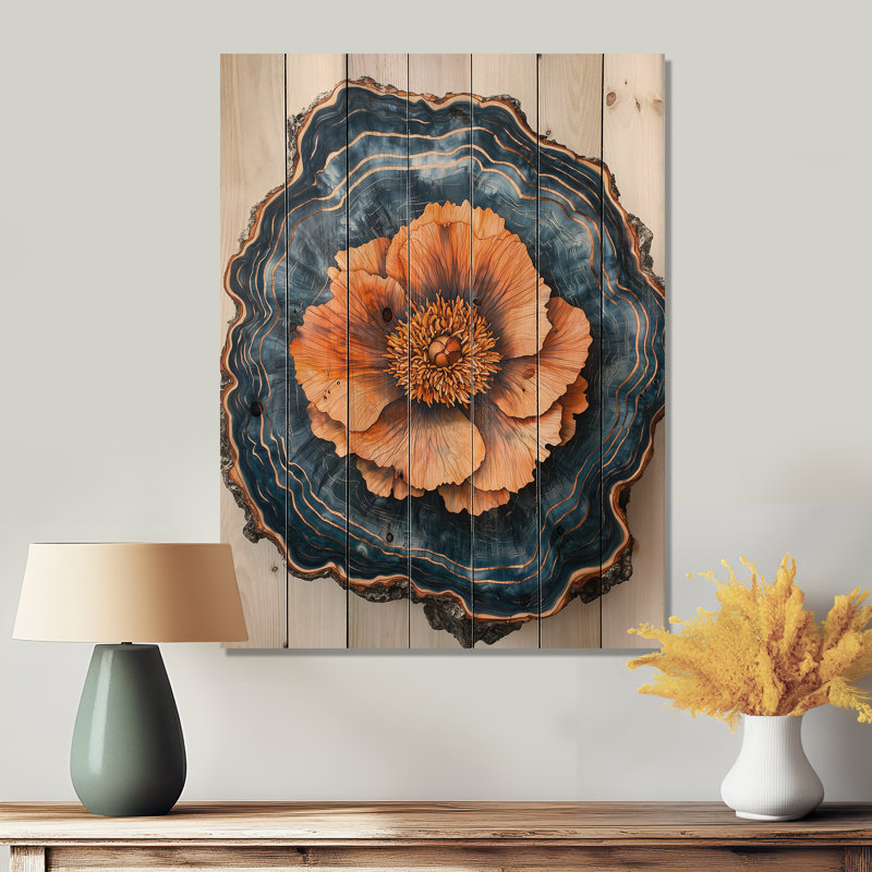 Pivoines oranges sur pierre Wilde III - décoration murale pivoines sur bois de pin naturel, H 32 po x l 24 po x P 0,78 po