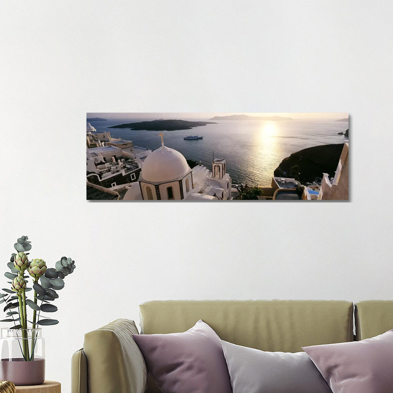 High Angle View Of Buildings In A City, Santorini, Cyclades Islands, Greece - Wrapped Canvas Panoramic Print