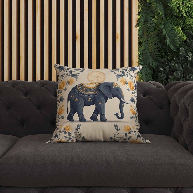 Coussin intérieur / extérieur Moonbeam Elephant, Carré 16 po, Jaune/gris