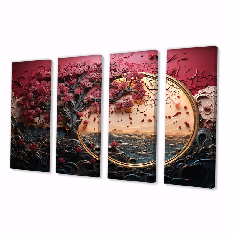 «Red Flower» par 4 fleurs d'art sur toile, H 28 po x l 48 po