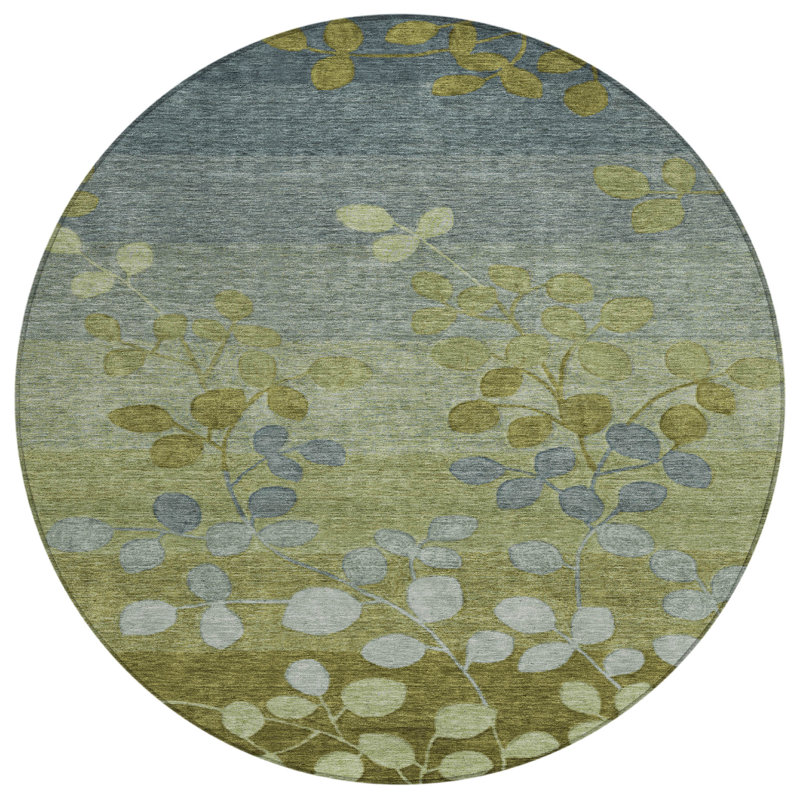 Machine Washable Indoor/Outdoor Xhevrie Olive Rug, Round 8'