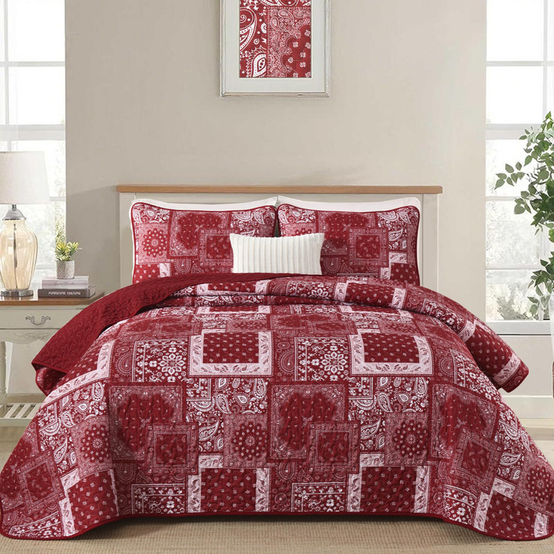 Ensemble de courtepointe 3 pièces à motif floral et motif cachemire Boho, Courtepointe pour très grand lit et 2 taies d'ore