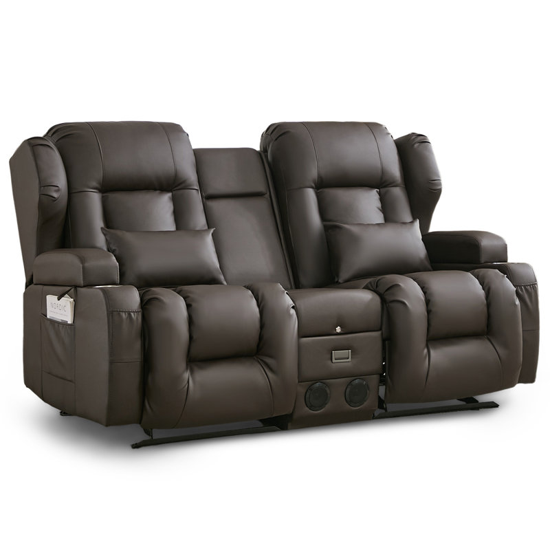3-Seater Reclining Sofa With Flip-Down Console, Cup Holders, Charging Ports, Storage Drawer & Bluetooth Speakers, Brown