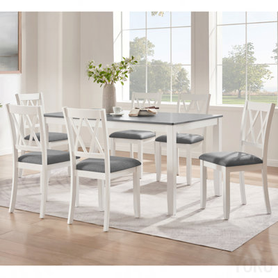 Modern 7-Piece Solid Wood Dining Set With 6 Upholstered Chairs – Grey & White Two-Tone Rectangular Table For 6, Space-Saving Kitchen & Dining Room Set